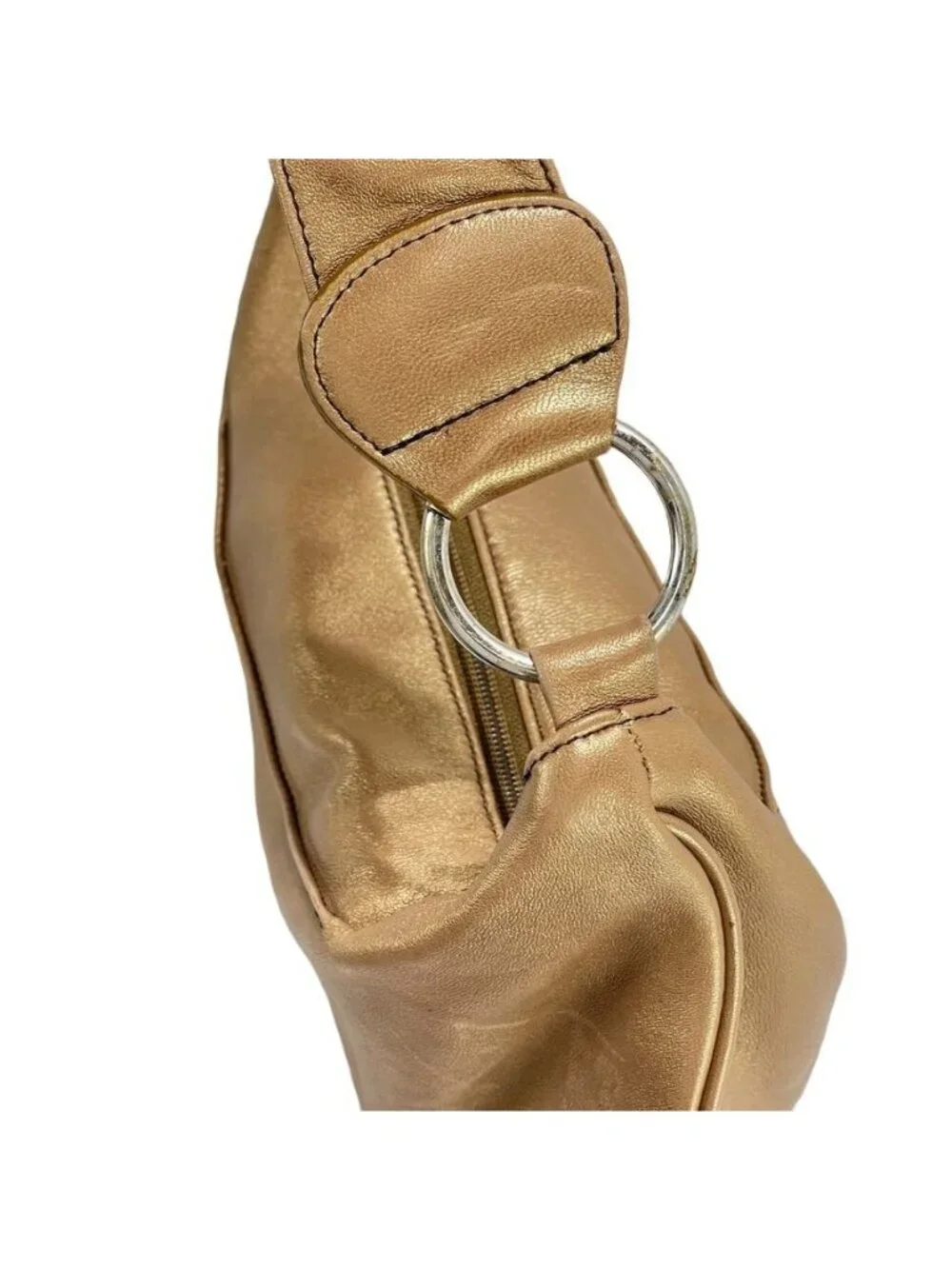 Bolsa Metallic Gold Lambskin Leather Shoulder Bag With Ultrasuede Lining Zip Clo